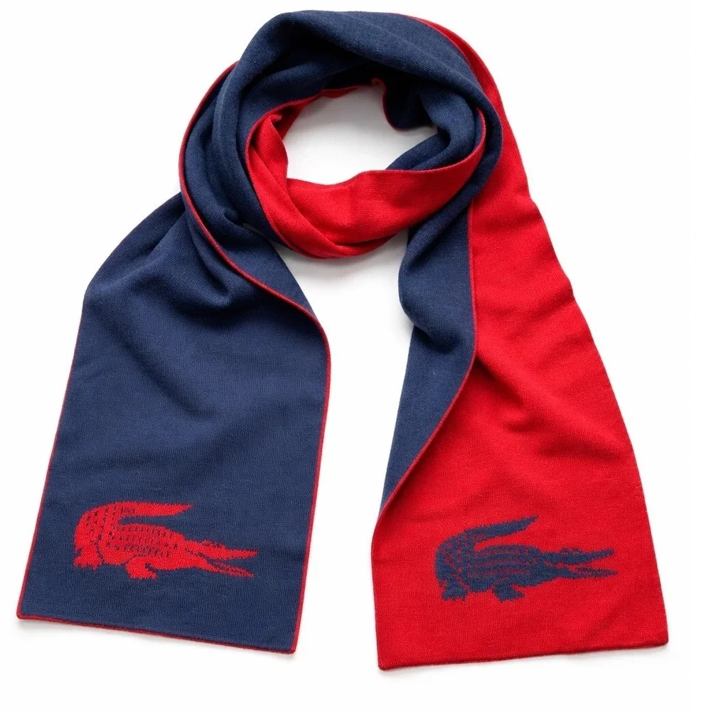 Vintage Lacoste Wool Scarf Reversible Blue Red Crocodile Logo Knit Mens‎
